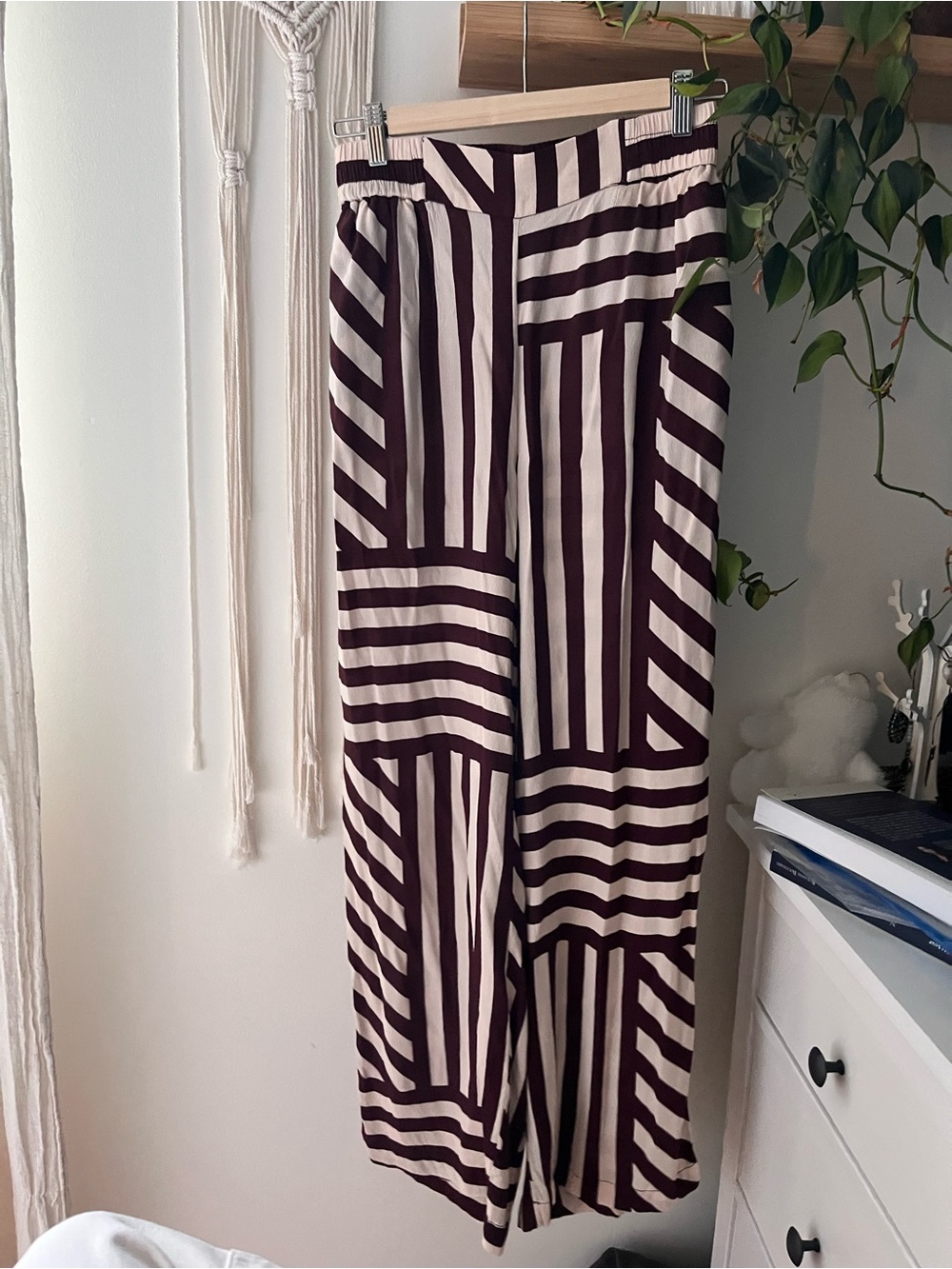Mango Cream and Dark Brown Geometric Wide-Leg Pants